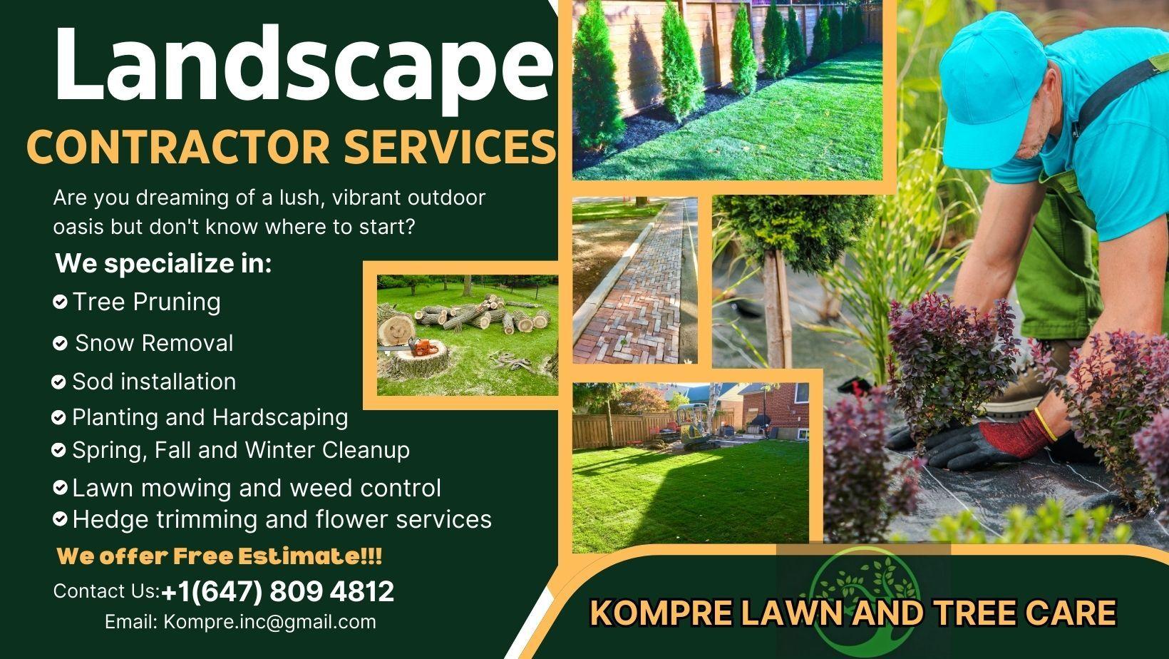 Advertisement for landscape contractor services with text and images of lawn care and gardening activities.