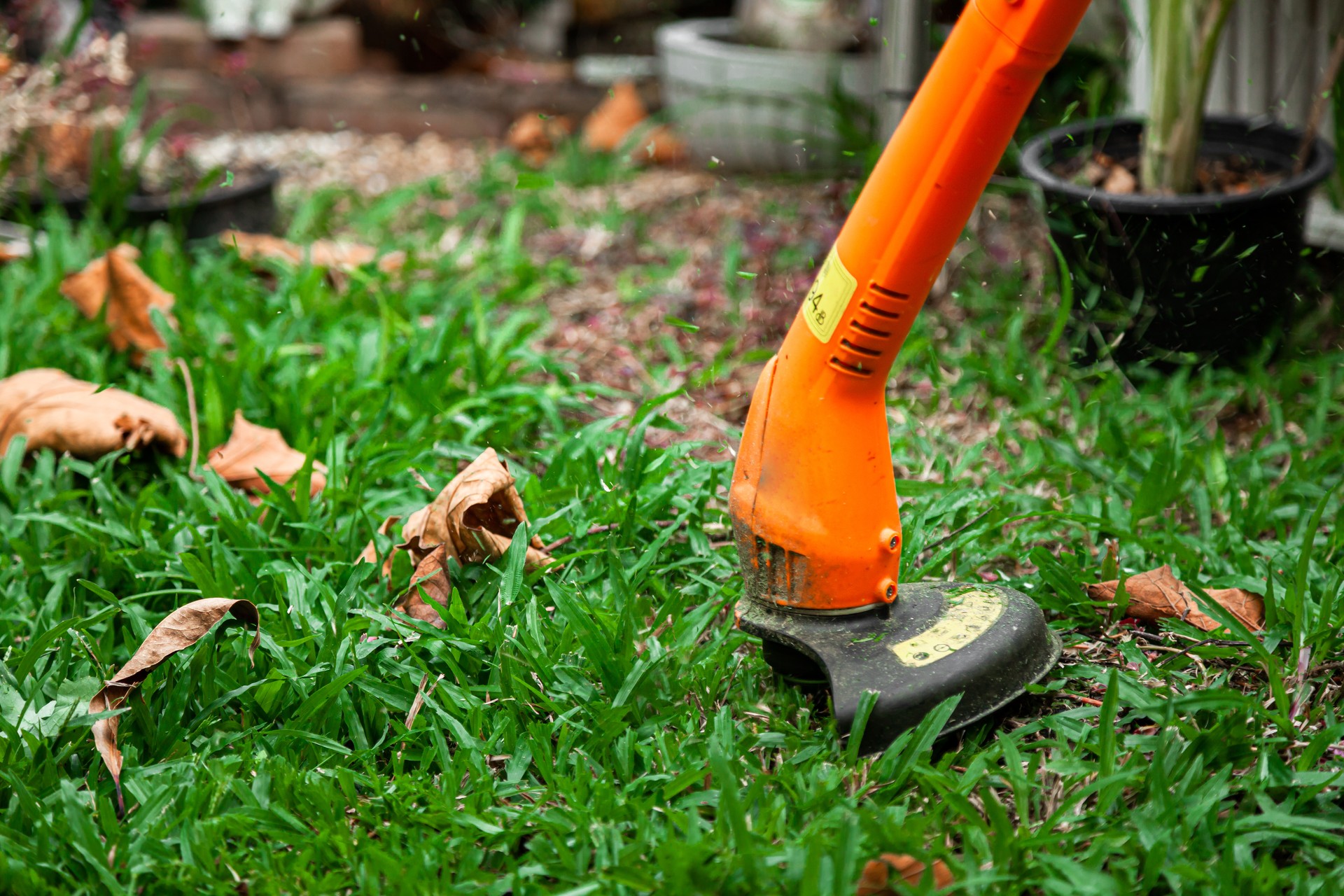 lawn mowe is Gardening care tools and equipment. Process of lawn trimming with hand mower